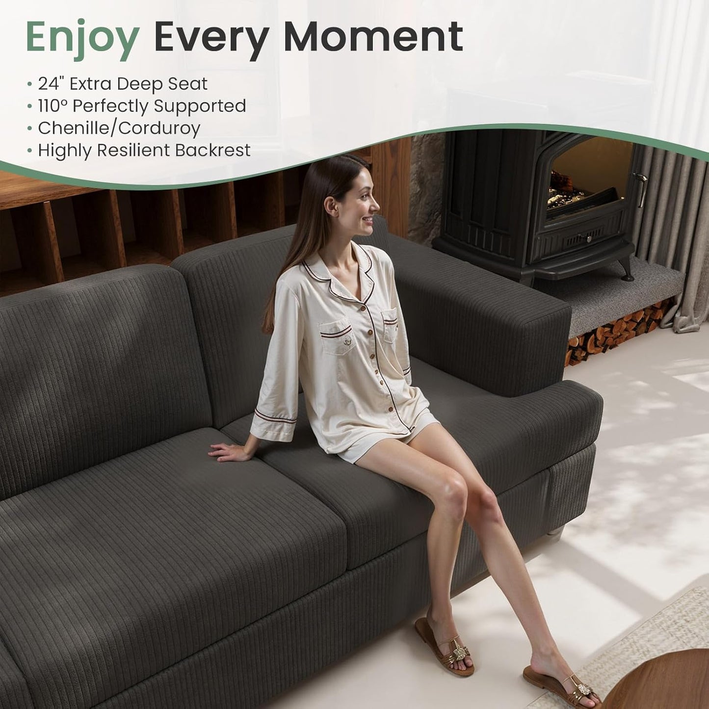 3 Pieces Corduroy Couch Set for Living Room, 8 Seats Cloud Sofa, Deep Seat Floor Couch for Bedroom, Futon Modern Sofa Sectional Bed, Black Corduroy