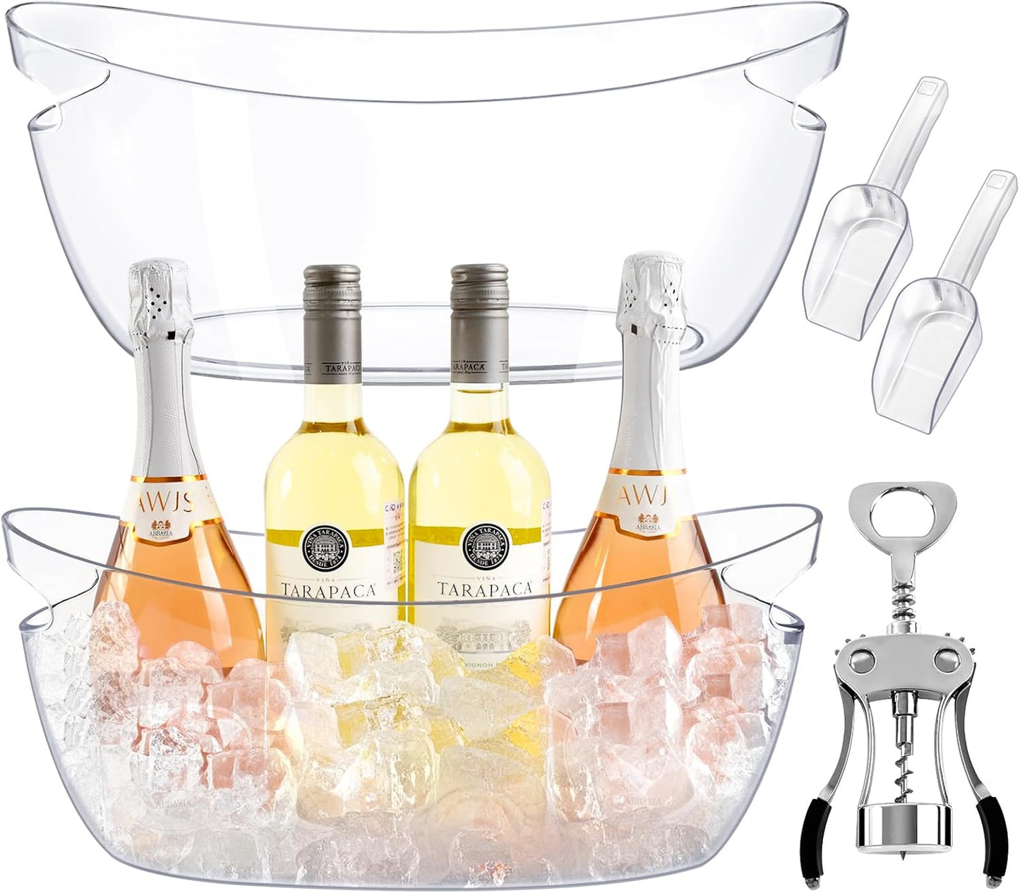 Ice Buckets for Parties,Ice Bucket Bowls of 2pcs with Scoops(2pcs)&Metal Wine Bottle Opener,5.5L Large Clear Acrylic Ice Champagne Buckets Tub for Parties,Mimosa Bar Supplies,Beer,Beverage&Drinks