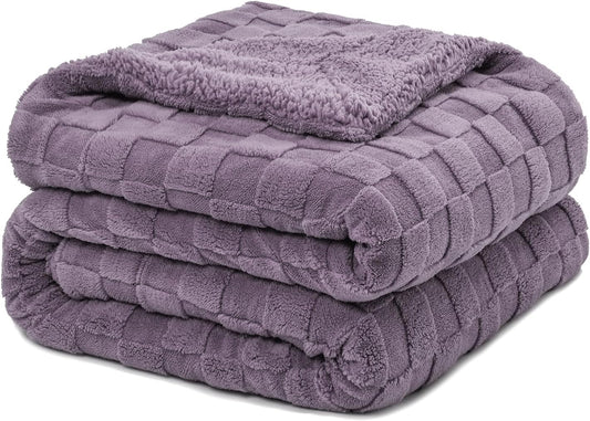 Pawque Super Soft Cozy Throw Blanket Twin Size for Couch Bed, Fluffy Sherpa Fleece Reversible Thick Warm Fuzzy Blanket for All-Season, 3D Checkered Jacquard Decorative Blankets, Purple, 60" x 80"