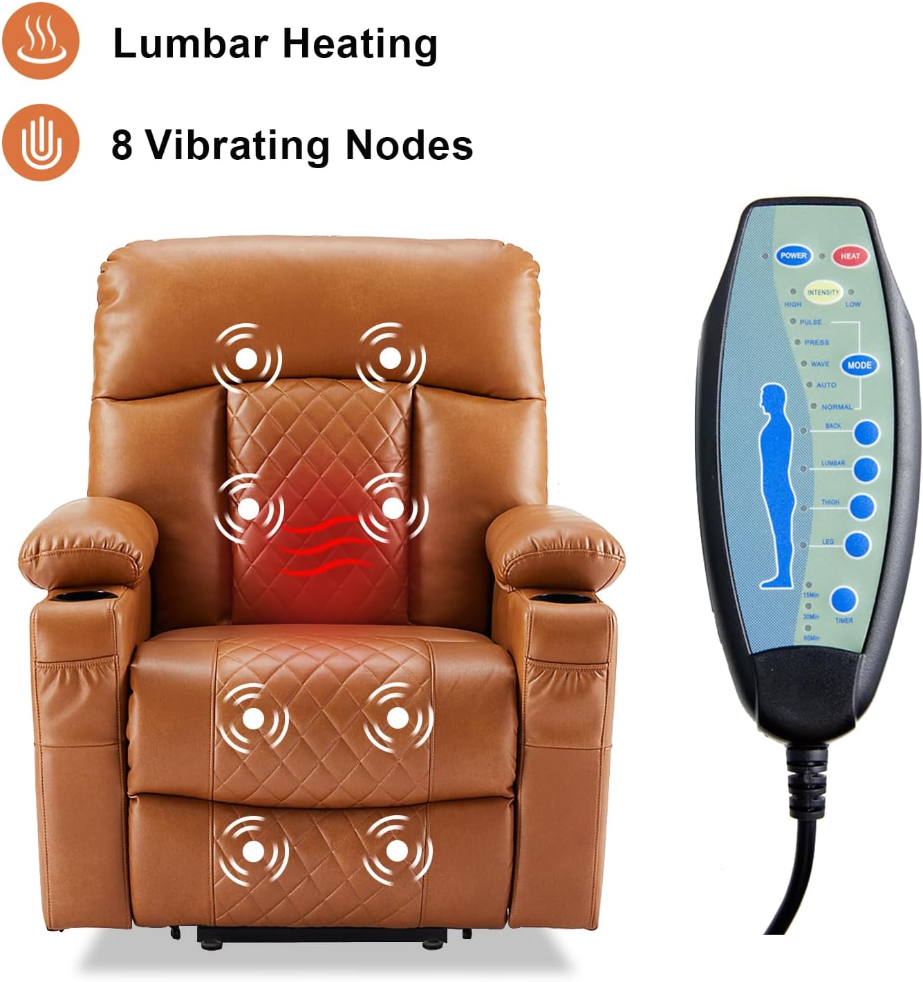 Dual Motor Power Lift Recliner Chairs with Heat and Massage for Elderly, Leather Recliners with Extented Footrest,Infinite Position Lift Chair with Cupholder,USB & Type C Ports(Light Brown)
