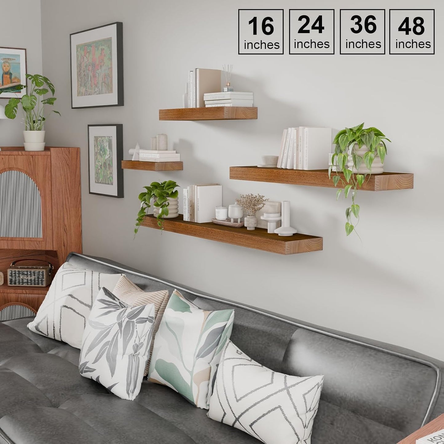 IAE Walnut Floating Wall Shelves 48 inch, Bathroom Shelves Wall Mounted,Invisible Shelves Floating Kitchen Shelves,Wooden Wall Shelves with Brackets for Living Room Wall Mounted,Easy Install,Set of 2