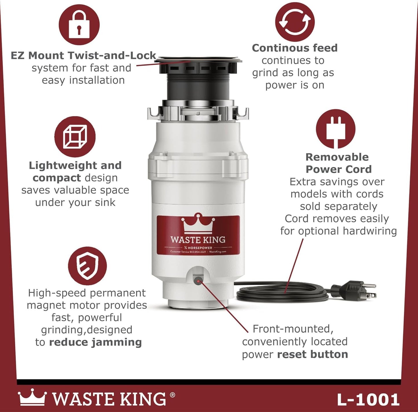 Waste King Garbage Disposal for Kitchen Sink with Power Cord, L-1001