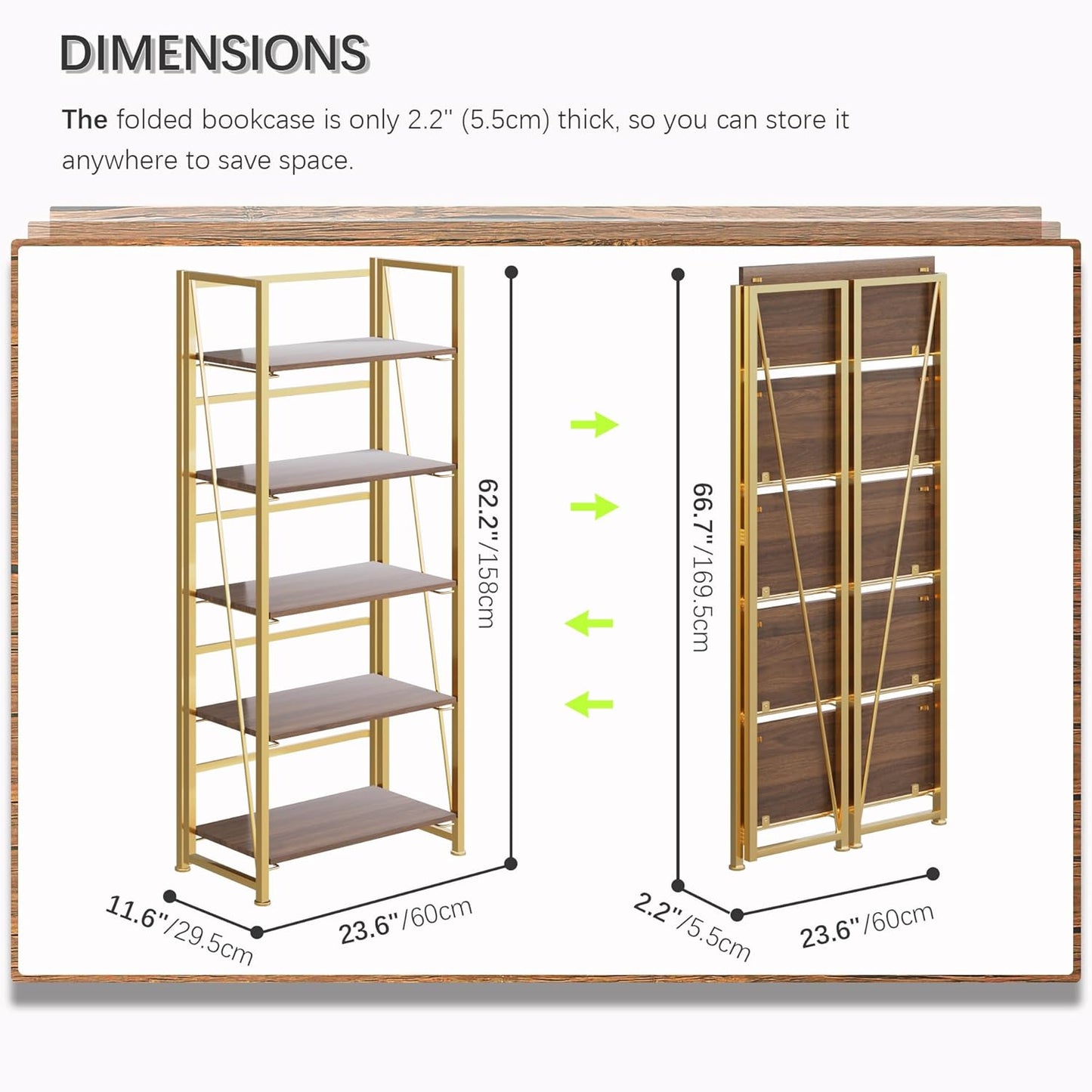 4NM No Assembly Foldable Bookshelf, 5-Shelf Collapsible Bookcase Storage for Small Spaces, 62.2" H, Brown and Golden
