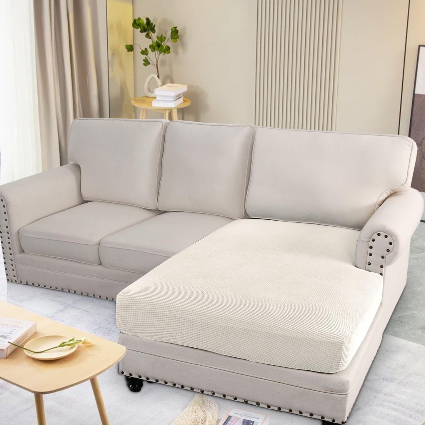 H.VERSAILTEX Super Stretch Individual Chaise Cover Sectional Couch Covers for L Shaped Sofa Both Left/Right Featuring Thick Jacquard Textured Twill Fabric (1 Piece Chaise Cover Large, Porcelain)