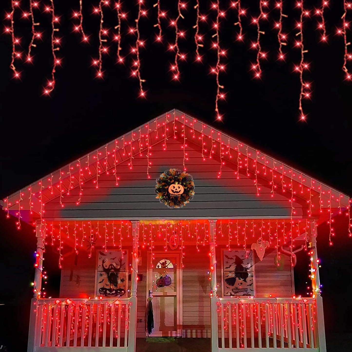 QITONG Red Halloween Lights for Outside, 33ft 400 LED Icicle Light with 8 Modes, 80 Drops Clear Wire Connectable Christmas Lights Indoor Plug in