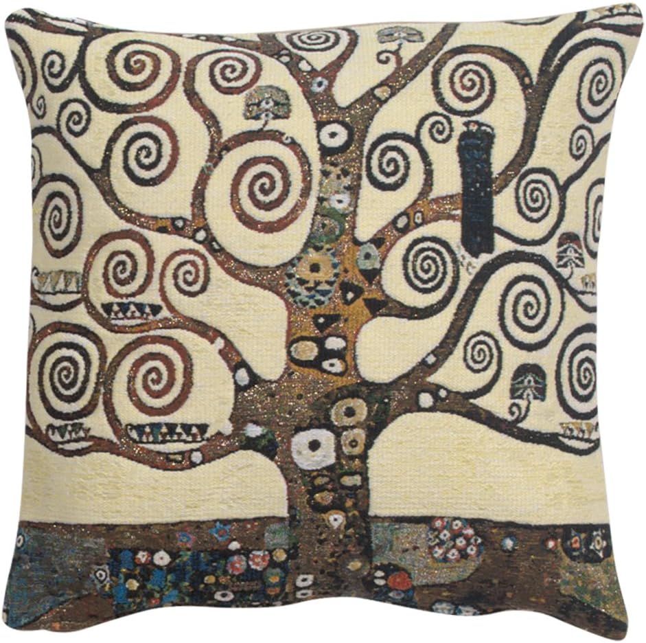 C Charlotte Home Furnishings Inc Lebensbaum Tree Belgian Cushion Cover | Pure Cotton Decorative Cushion Case | Cushion Cover for Indoor Use | 17x17 Inch Cushion Cover for Living Room I By Gustav Klimt