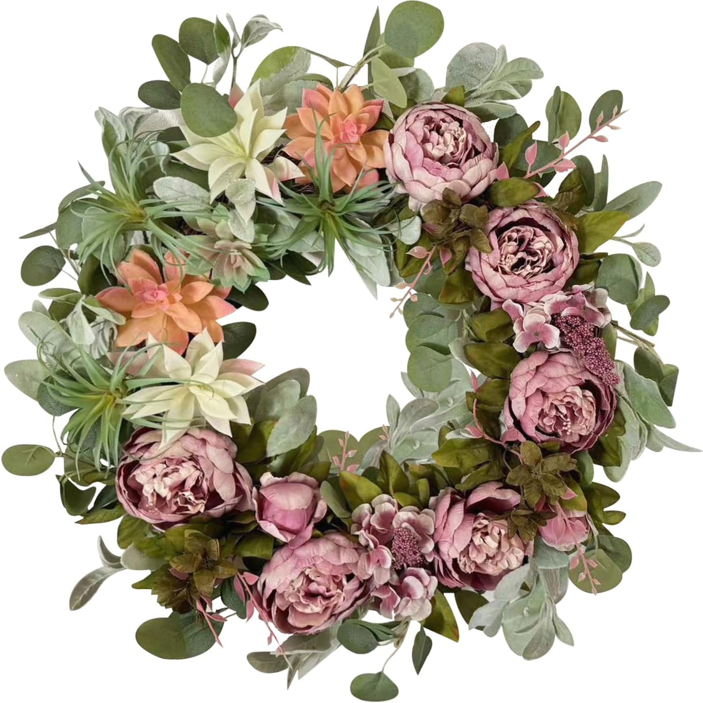 WANNA-CUL 24 Inch Spring Peony Wreaths for Front Door,Succulent Summer Wreath with Pink Peony Floral, Spring Front Door Decor with Succulent Arrangement Decoration