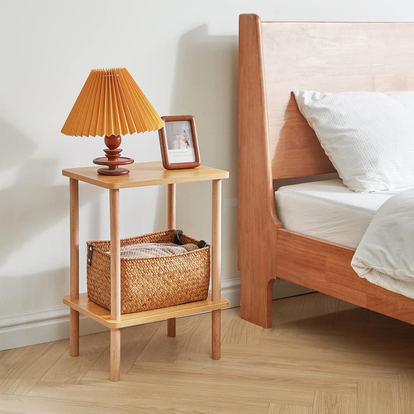 IBUYKE 2-Tier Side Table, Solid Wood Tall End Table with Storage Shelves, Nightstand Bedside Table for Living Room Bedroom Office, No-Tool Assembly, Natural UWST002N