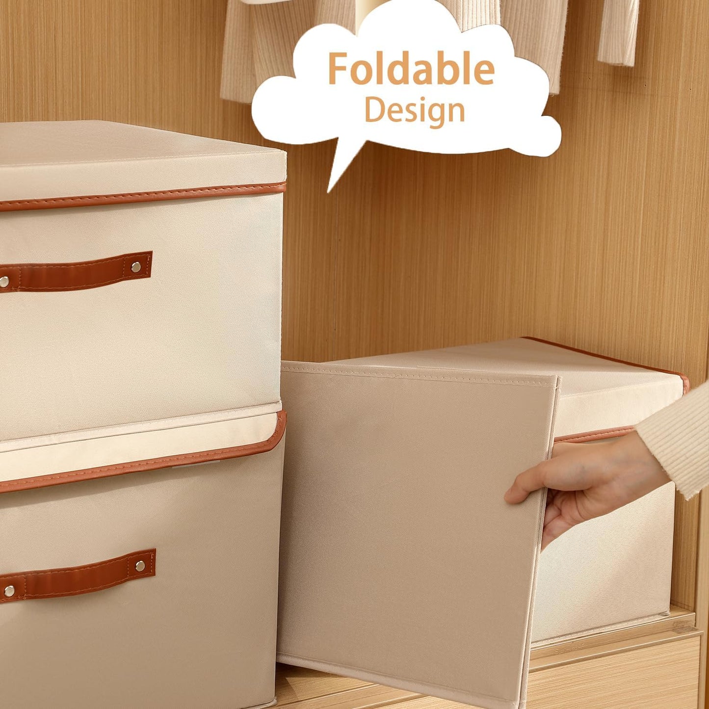 Tuza 2 Pack Large Fabric Storage Bins with Lids, Foldable Storage Boxes with Lids for Organizing, Decorative Storage Boxes with Handles for Home, Bedroom, Closet, Office(Khaki, Extra Large)