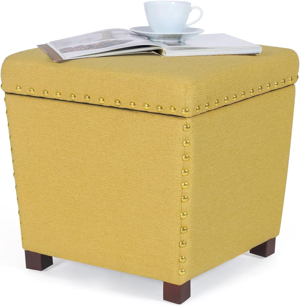 Adeco Square Storage Ottoman with Hinged Lid, Modern Accent Bench Footrest Stool, Coffee Table for Living Room Bedroom,Yellow Large