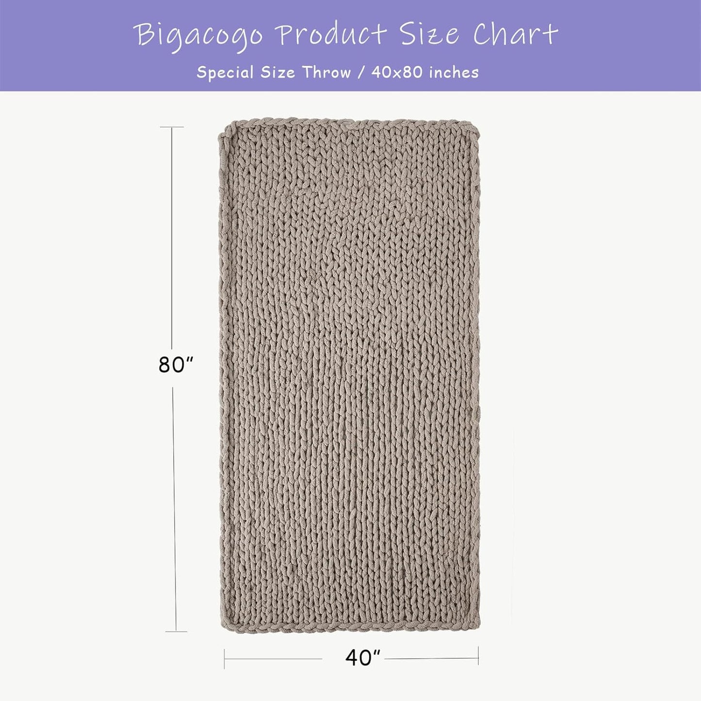 Bigacogo Chunky Knit Throw Blanket for Couch, 40x80 inches, 100% Hand Knitted with Thick Jumbo Chenille Yarn, Cozy Soft Large Rope Knot Cable Crochet Blankets for Sofa Bed Living Room, Taupe