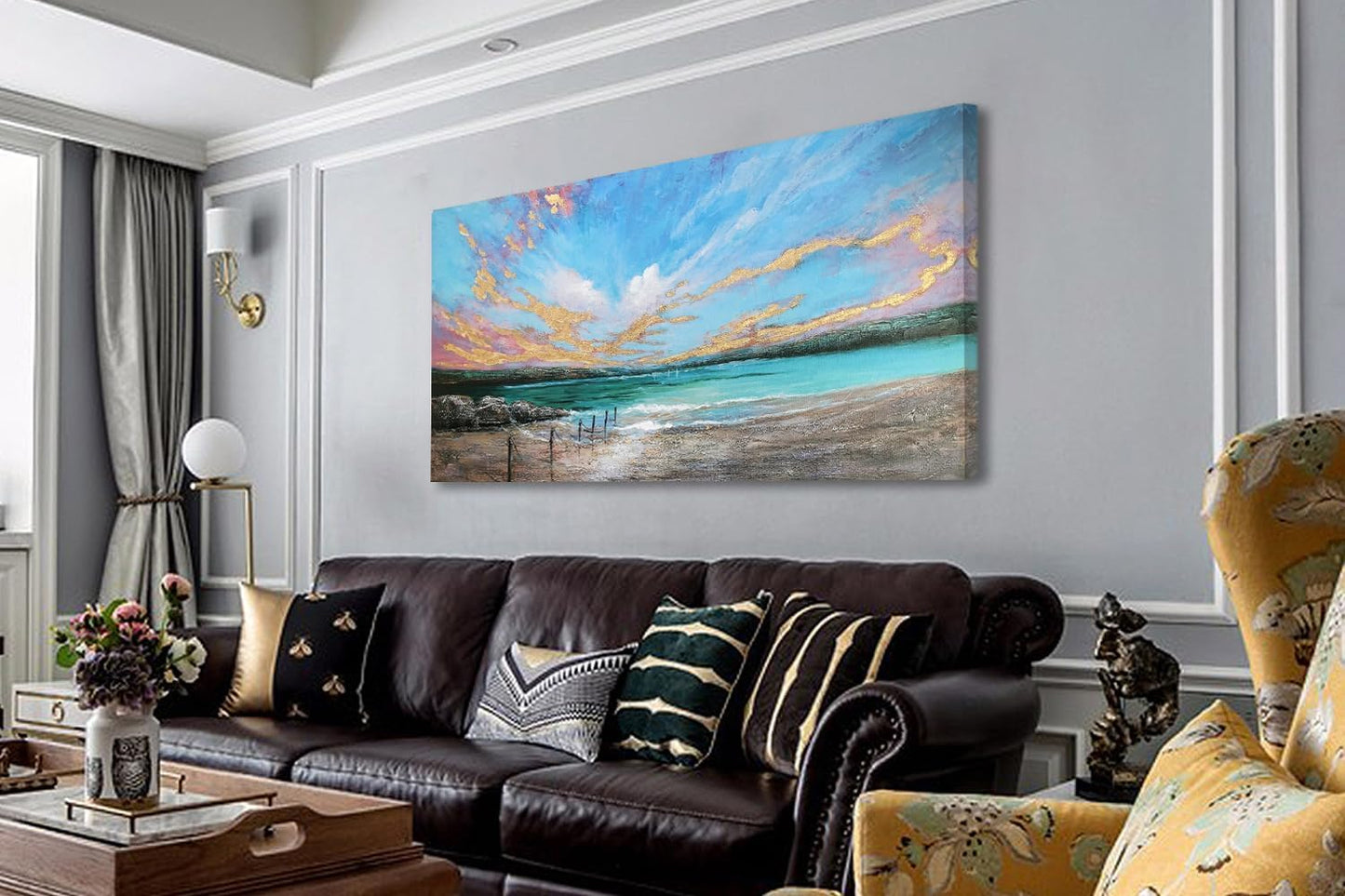 Arjun Ocean Teal Wall Art Canvas Coastal Beach Painting Blue Turquoise Landscape Sunset Picture, Panoramic Gold Foil Textured Large Artwork Framed for Living Room Bedroom Bathroom Wall Decor 48"x24"