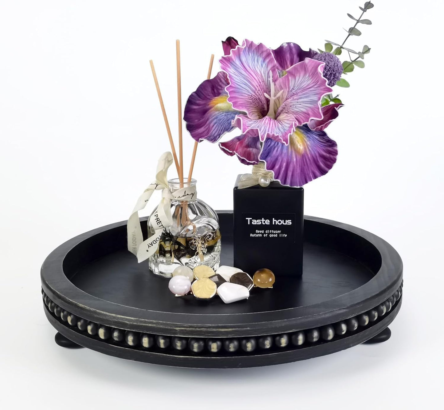 12 Inches Rustic Wooden Decorative Tray, Small Round Beaded Wood Tray for Kitchen Dinning Table Centerpiece Decor Entryway Living Room Home Decor, Black