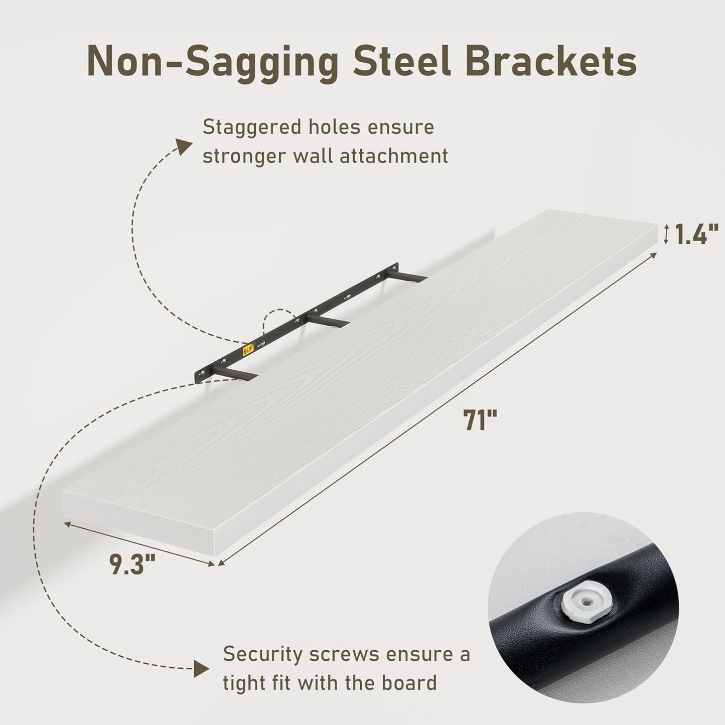 Fun Memories 72 Inch Floating Shelves for Wall 2 Pack Shelves for Bedroom|Kitchen|Bathroom 72 x 9.3 Inch Wood Floating Shelf with Invisible Brackets for Books|Storage|Decor, White