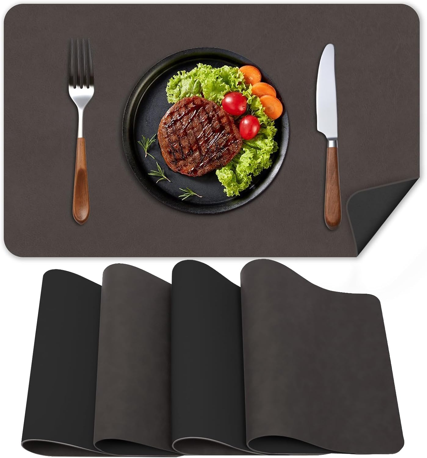 Faux Leather Placemats, Set of 4, 12''×17' Textures on Both Sides, Heat-Resistant, Waterproof and Oil-Proof, Reversible Place Mats for Kitchen, Dining Table, Outdoor-Coffee&Black