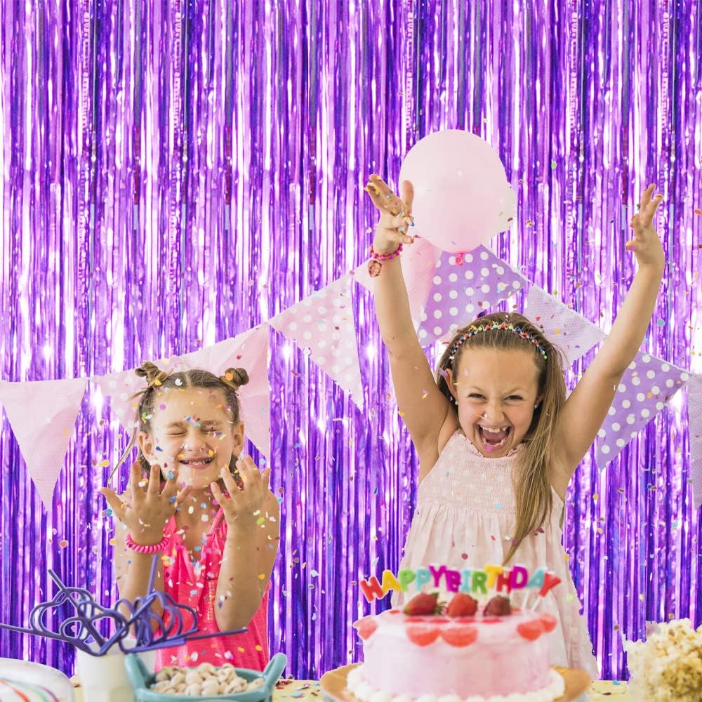 GOER 3.2 ft x 8.2 ft Metallic Tinsel Foil Fringe Curtains Party Photo Backdrop Party Streamers for Halloween,Birthday,Graduation,New Year Eve Decorations Wedding Decor (Purple,1 Pack)