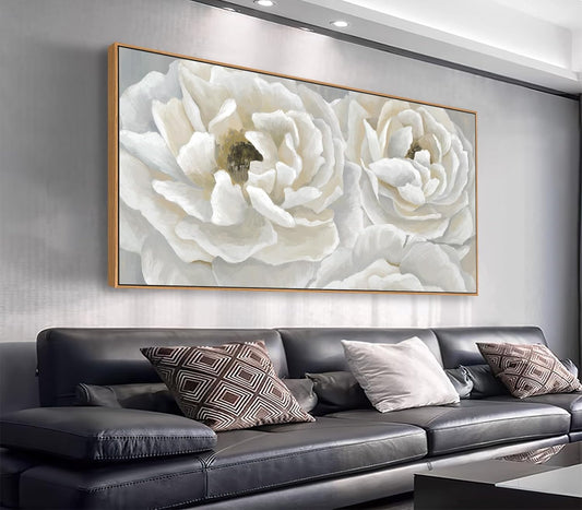 arteWOODS Cream White Flowers Framed Wall Art - Soft Peony Pictures for Wall Decor Elegant Blossom Flower Painting Artwork Botanical Prints for Living Room Home Office Wall Decoration 24" x 48"