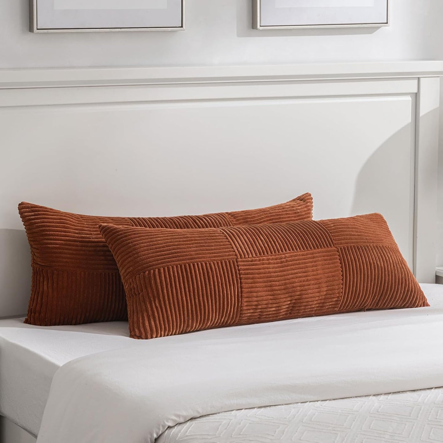 Fancy Homi Set of 2 Rust Boho Long Lumbar Body Decorative Throw Pillow Cover 14x36 Inch for Bed Couch Bedroom Bench, Soft Patchwork Corduroy Textured Pillow Case, Rustic Farmhouse Room Décor