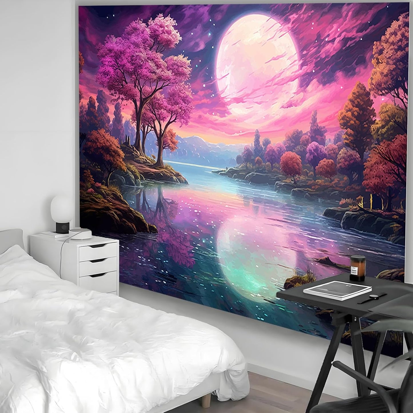 Atrippy Blacklight Pink Tapestry for Bedroom, UV Reactive Mountain Nature Tree Room Decor Wall Tapestries, Moon Landscape Forest Backdrop for Living Room Dorm Office 40" X 60"