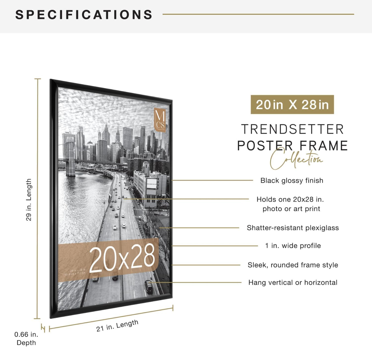 MCS Trendsetter 20x28 Poster Frame Black High-Gloss, Vertical & Horizontal Wall Hanging Large Picture Frame for Photos, Posters & Art Prints (1-Pack)