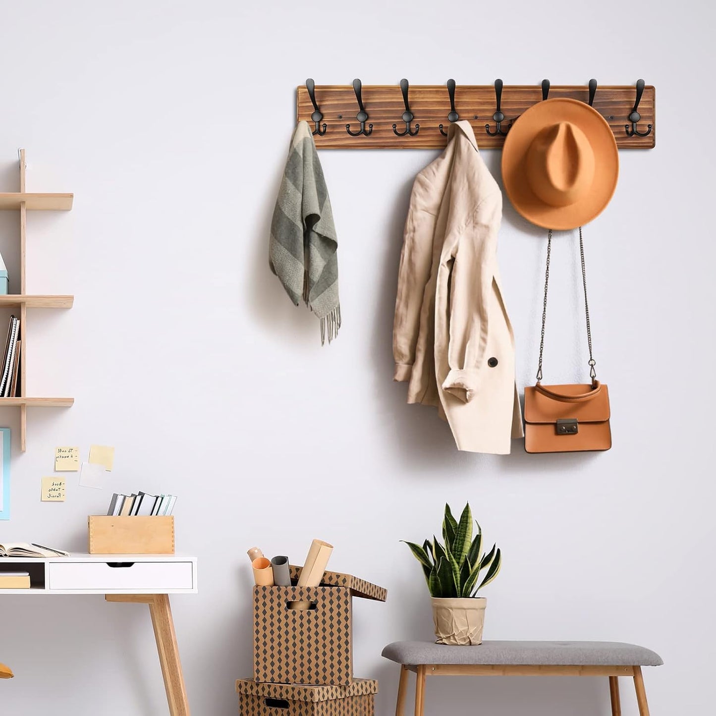 Coat Rack Wall Mount, Wooden Heavy Duty Coat Rack for Wall,8 Triple Coat Hanger Hooks for Hanging Coats,Jacket,Hat,Clothes (Brown, 8 Hooks)