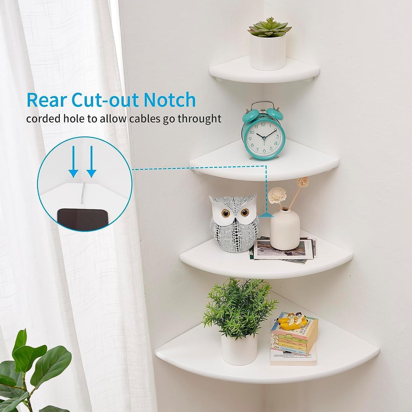 Corner Shelves, Floating Corner Shelf, Set of 3 Solid Oak Wood Corner Wall Shelves, Round End with Wire Hole Shelving for Small Plant for Bedroom Kitchen, Living Room (Size 9/10/12in)