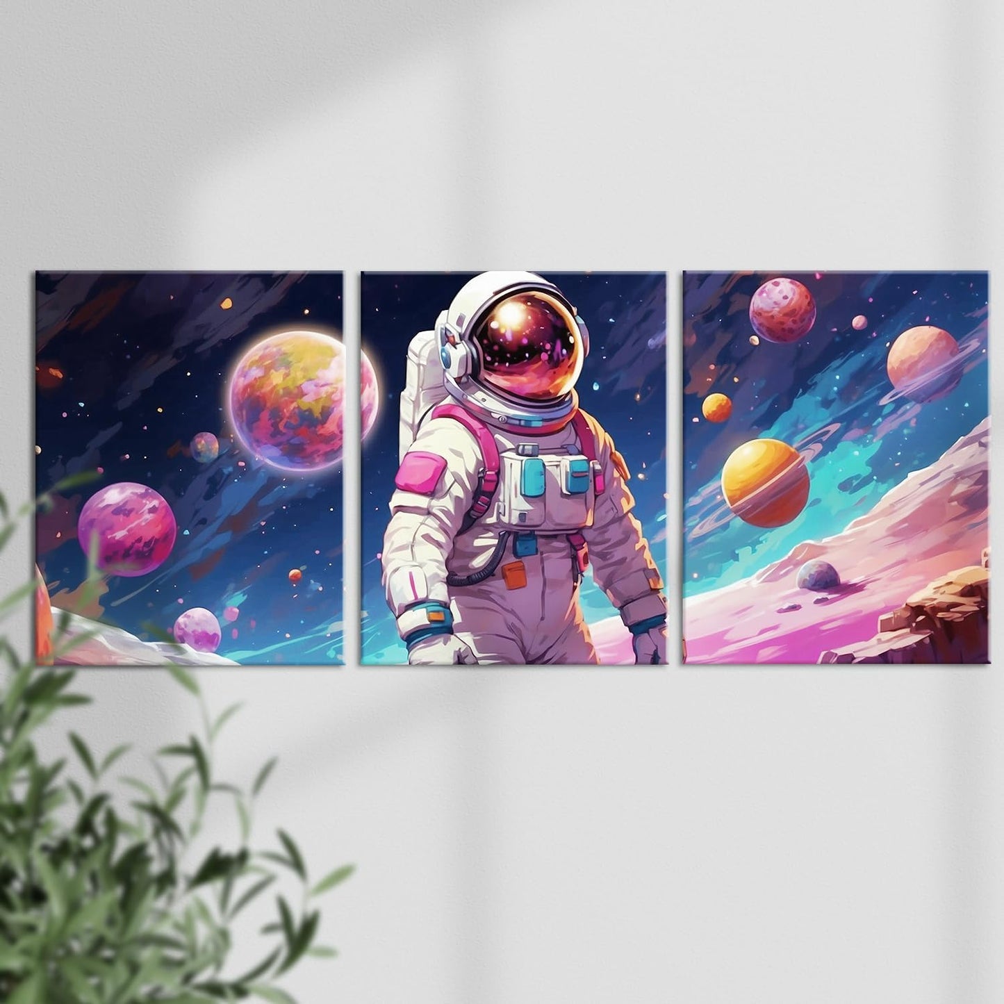 Outer Space Wall Art - Astronaut Spaceman Planets Canvas Prints Posters, Framed Artwork for Space Room Boys Bedroom Playroom Home Decorations, 3 Panels