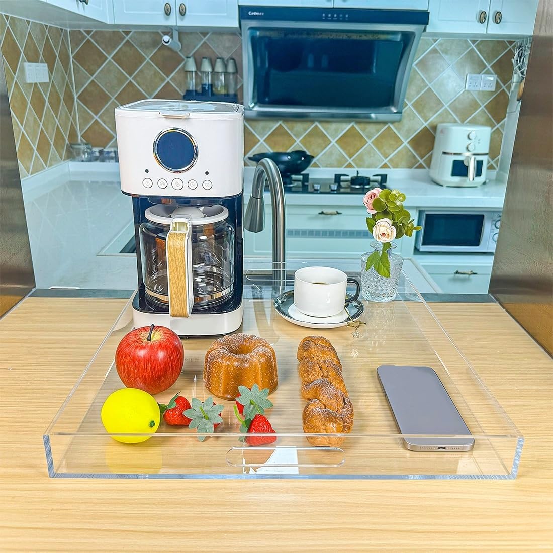 Clear Rectangular 18x20 Inches Acrylic Ottoman Tray Decorative Serving Tray with Cutout Handles Organizer Tray on Coffee Table Countertop Big Breakfast Bed Tray Living Room Appetizer Serving Food