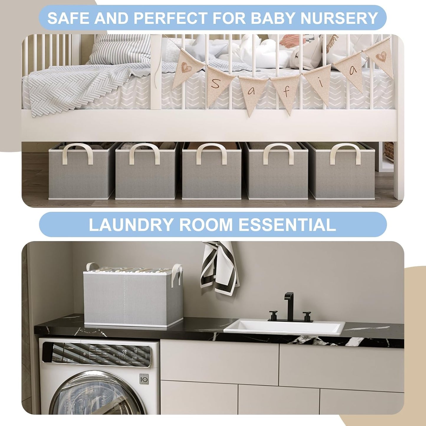 Closet Storage Bins, Fabric Closet Organizers and Storage Basket for Shelves, Collapsible Shelf Baskets for Organizing Shelves, Bedroom Clothes Basket, Gray, 3 Pack