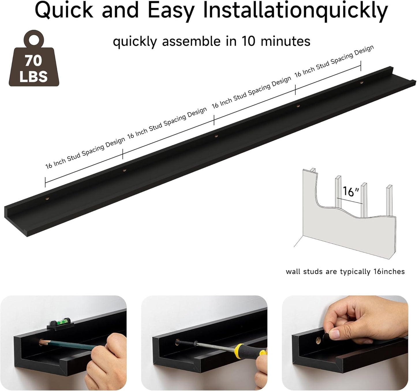 Floating Picture Ledge Shelves for Wall Set of 2, 84 Inches Picture Ledge Shelf with Long Large Nursery Book Shelf for Toys Storage Kids Bookshelf Wall Mounted Living Room Bedroom Decor Frames, Black