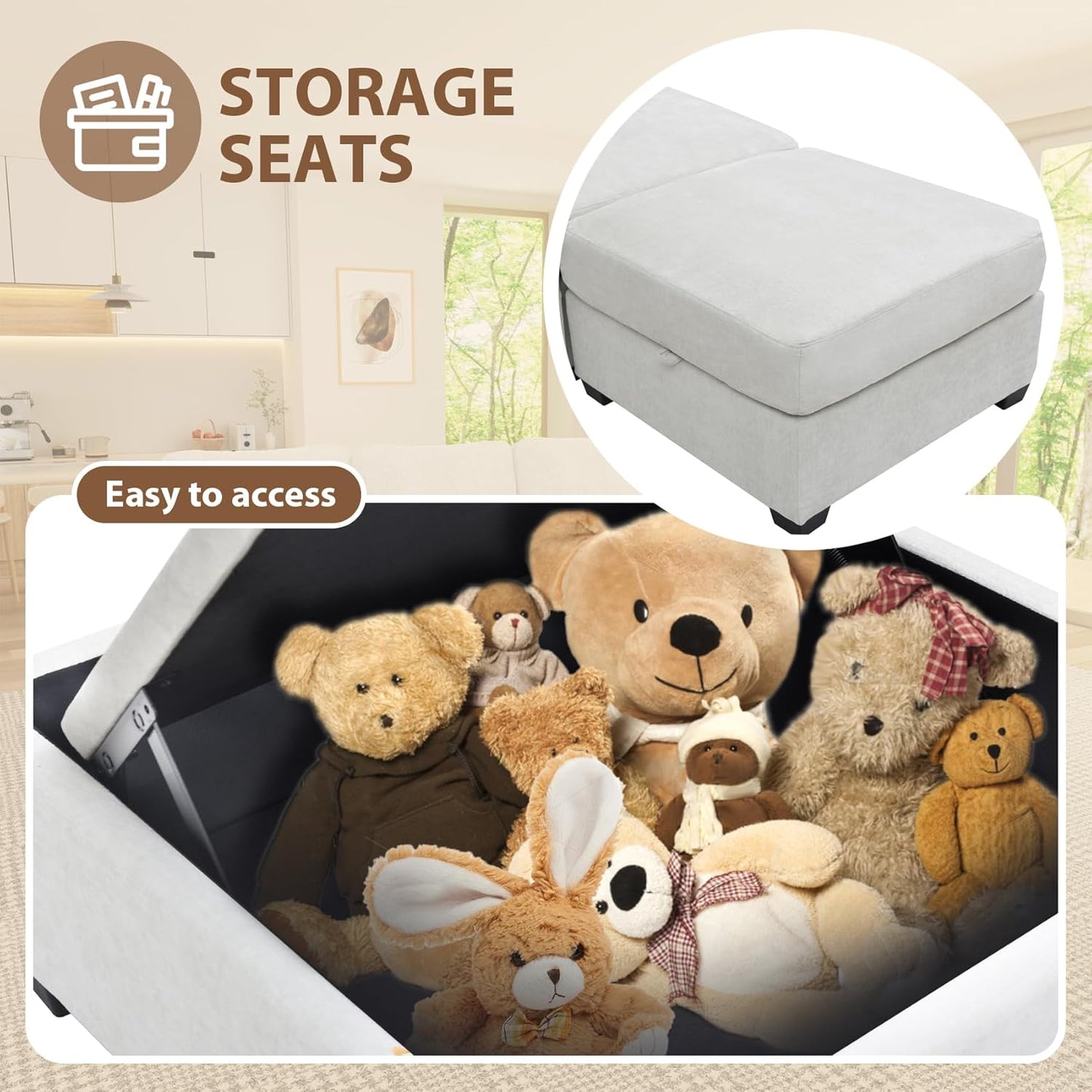 mestyl Modular Sectional Sofa Convertible Sofa Couch Set with Storage for Living Room, Modern 3 Seater Modular Sectional Couch (Beige)