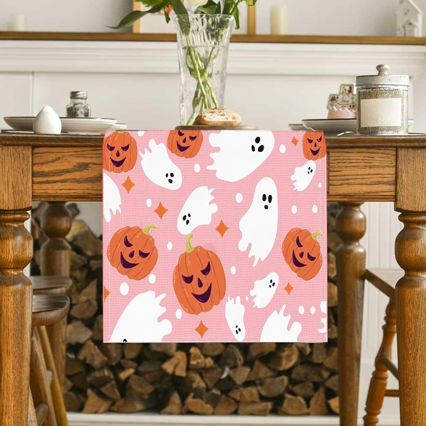 Halloween Table Runner Cute Spooky Ghost Pumpkin Table Linen Runner Pink Kitchen Dining Decoration Holiday Halloween Table Decoration for Holiday Indoor Outdoor Home Party Decor 13x36 Inch
