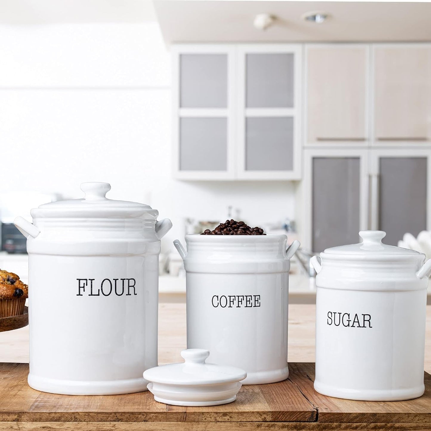 Ceramic Canister Set with Airtight Lids - 3-Piece Kitchen Storage for Flour, Sugar, Coffee, Tea & Spices - Modern Countertop Decor