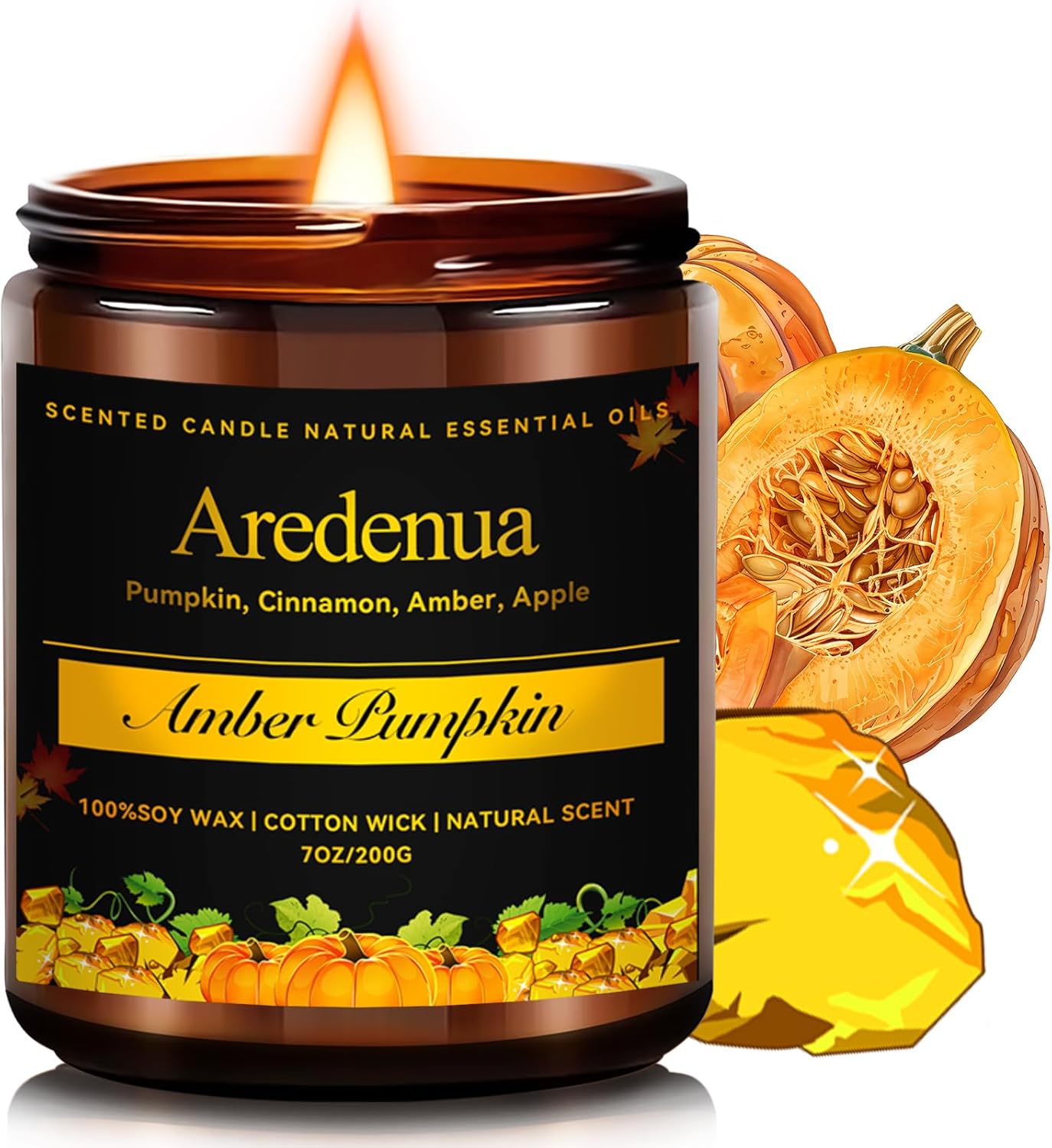 Amber Pumpkin Candle | Fall Pumpkin Candles - Scented Candle for Autumn, 7oz Soy Candles for Home Scented, 50 Hours Burn Time, Harvest Holiday/Halloween/Thanksgiving Fall Gifts for Women Men
