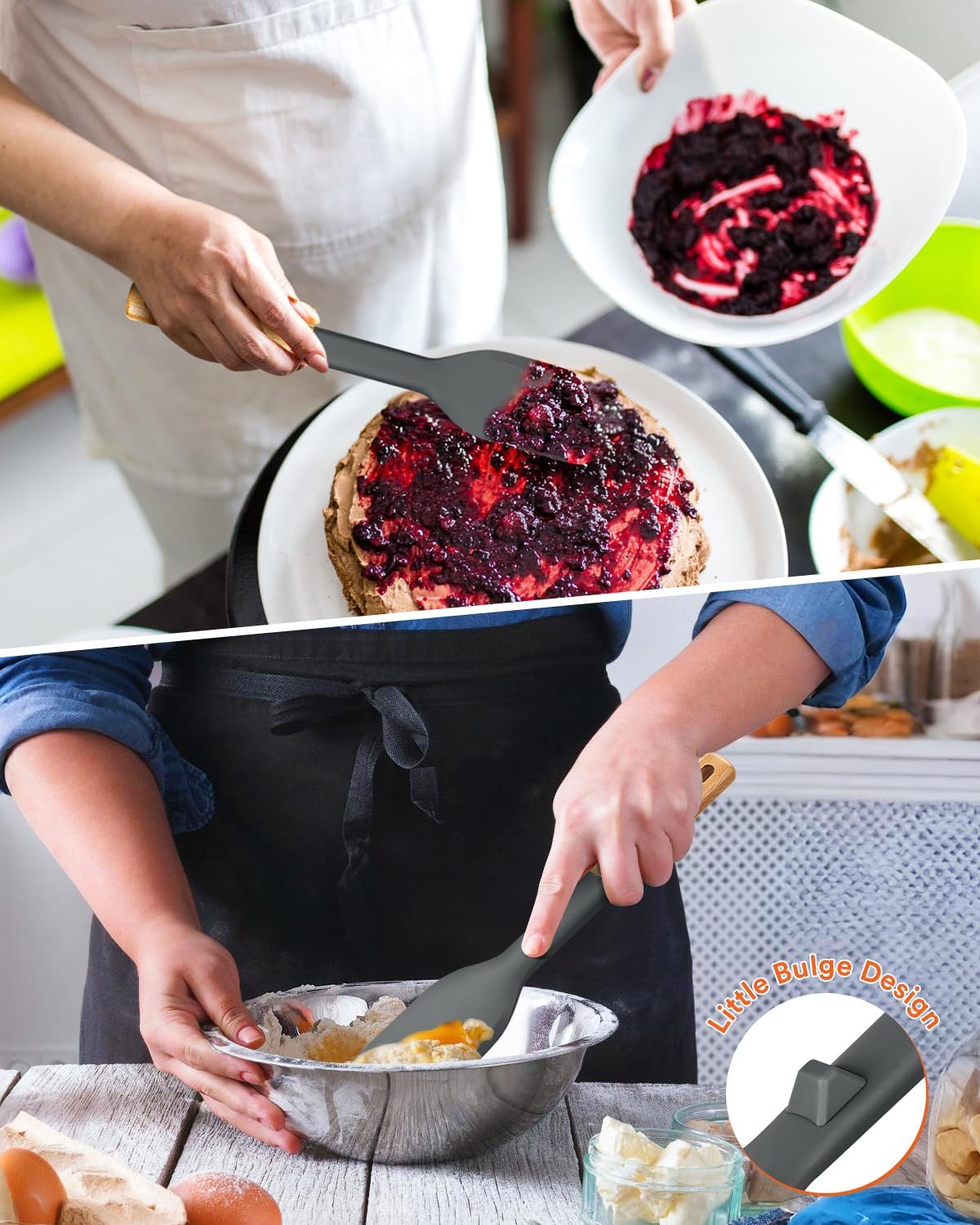 Cooking Spoon and Scraper for Nonstick Cookwares, Great for Cooking and Serving Durable BPA-Free Matte Silicone, Wood Handle Multifunction Spoon for Mixing, Scoop, and Scrape (GREY)