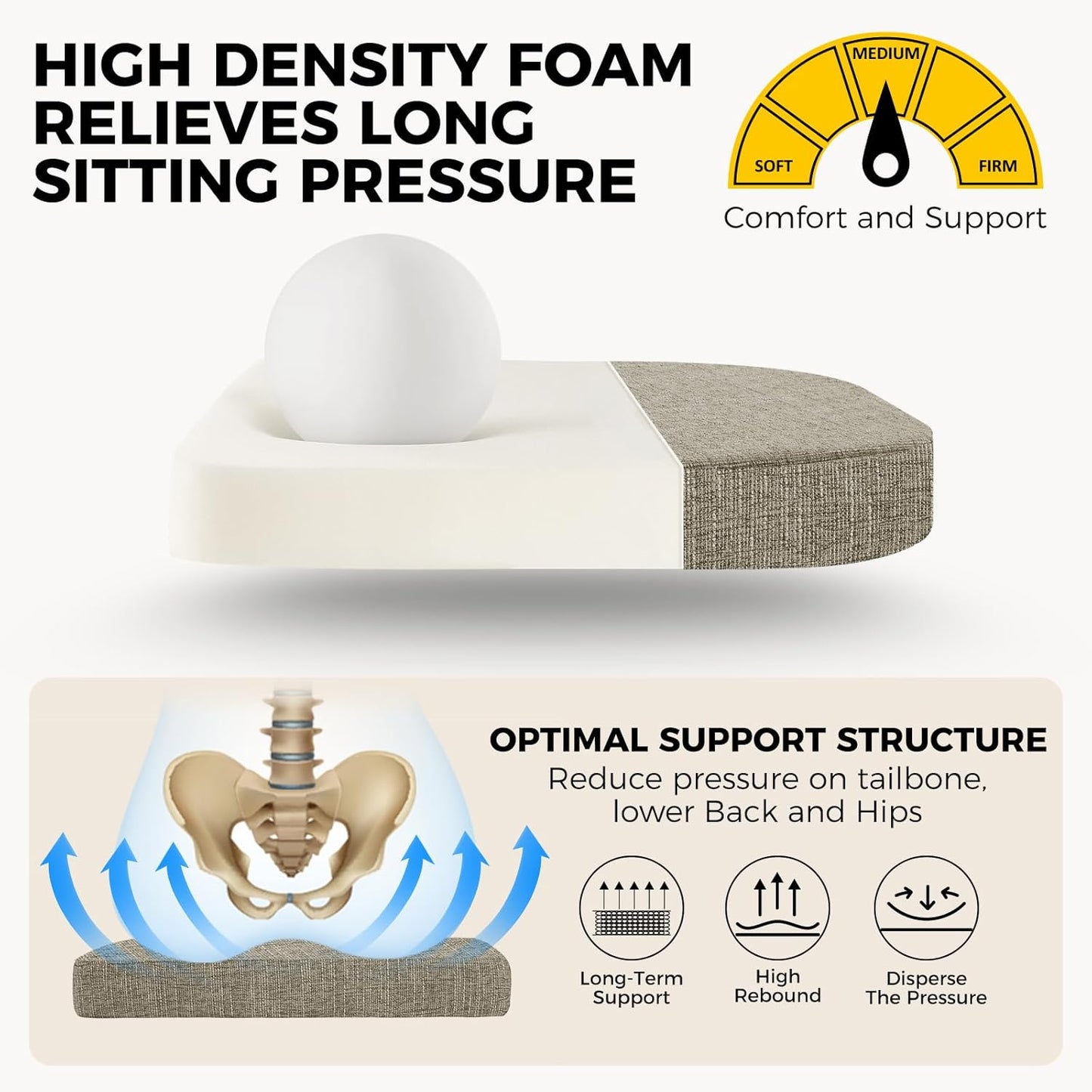 downluxe Indoor Chair Cushions for Dining Chairs, Soft and Comfortable Textured Foam Kitchen Chair Pads with Ties and Non-Slip Backing, 16" x 16" x 2", Khaki, 4 Pack