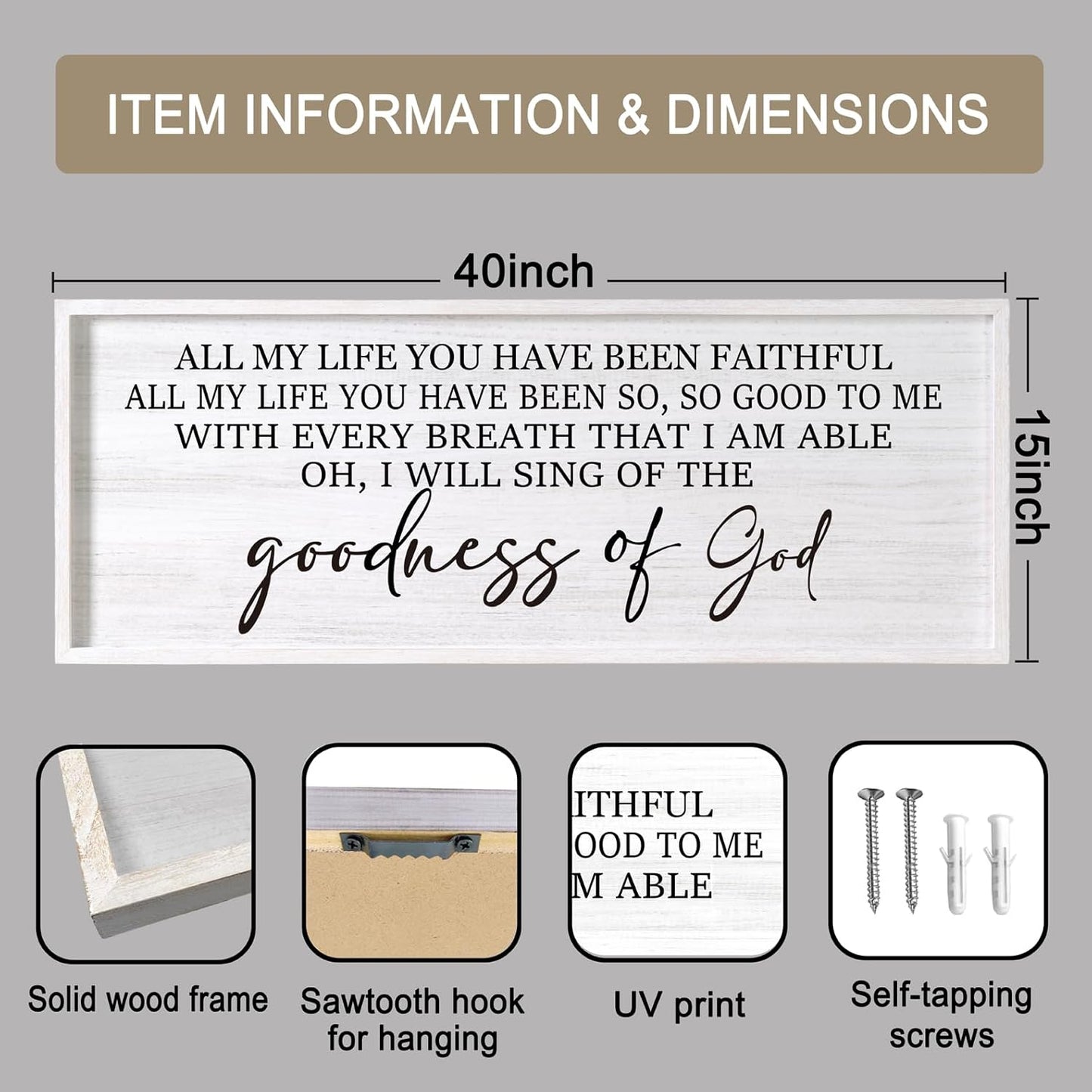 Goodness of God Framed Wall Art, 40''×15'' Positive Religious White Bible Verse for Christian God Jesus Christ Prayer, Vintage Rustic Long Holy Catholic Scripture Decor