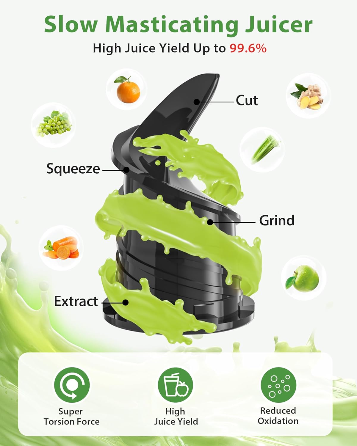 Cold Press Juicer, ECOSELF Juicer Machines with 4.35" Large Feed Chute Fit Whole Fruits & Vegetables, Self Feeding for Juice Extractor Machine, Easy to Clean and Assemble, High Juice Yield