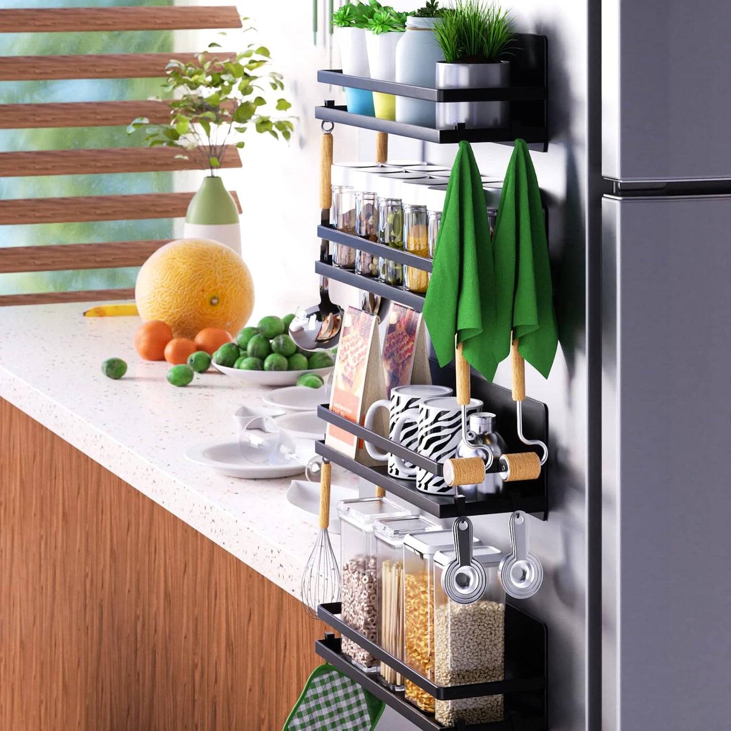 Magnetic Spice Rack for Refrigerator,Magnetic Shelf Fridge Organizer for Kitchen, Spice Rack Space Saver Container for Kitchen/Apartment, Drill Free, Black 6 Pack