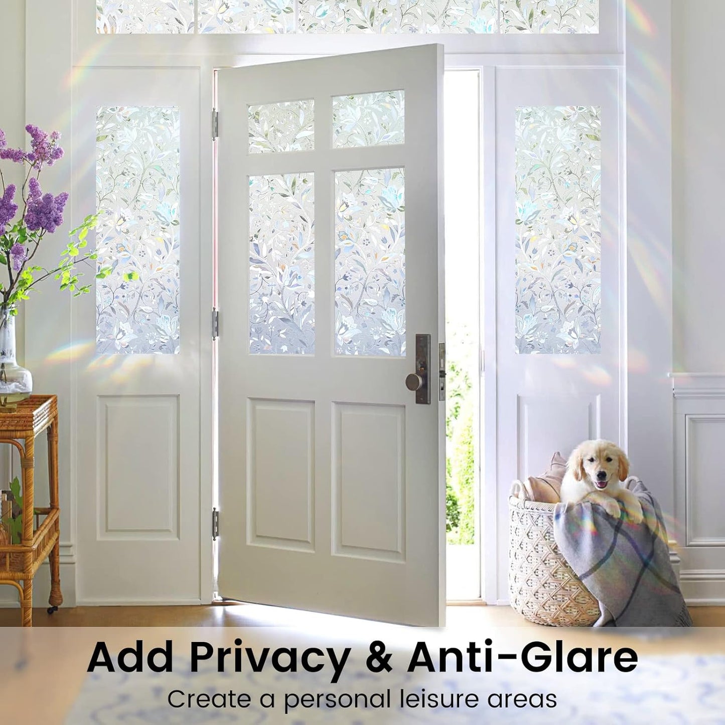 DOWELL Window Privacy Film, 3D Stained Glass Rainbow Films, Decorative Window Vinyl Sun Blocker Door Covering, Static Cling Non-Adhesive Glass Sticker for Home, Blooming Flowers, 23.6"x118.1"