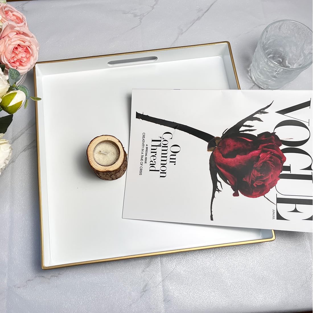 White Decorative Tray, Square Serving Tray with Handles, Plastic Coffee Table Tray for Ottoman, Living Room, Kitchen Tabletop, 13"x13"x1.6"