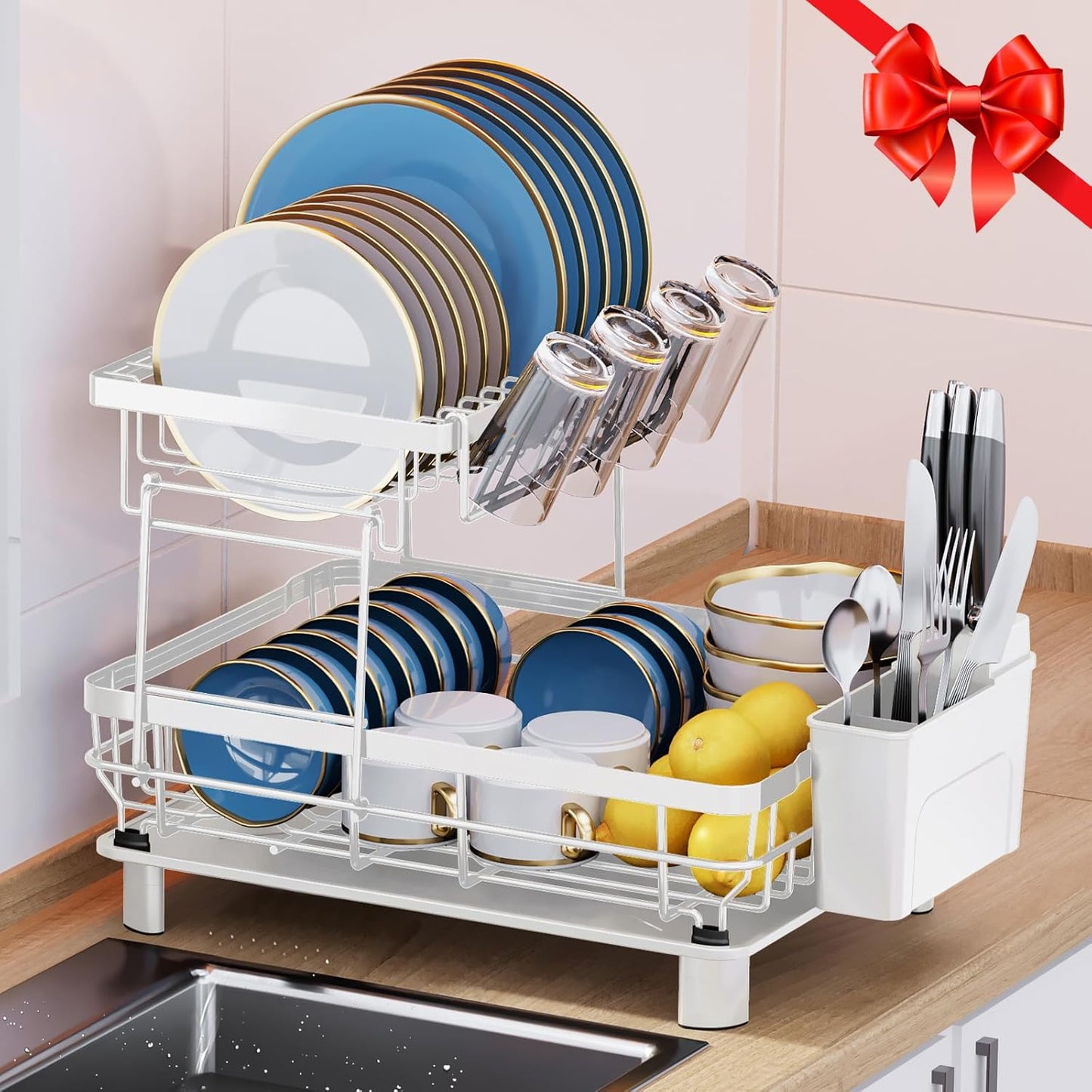 MOUKABAL Dish Drying Rack, 2 Tier Dish Rack, Large Dish Racks for Kitchen Counter, Dish Drainer with Removable Utensil Holder, Drainboard (White)