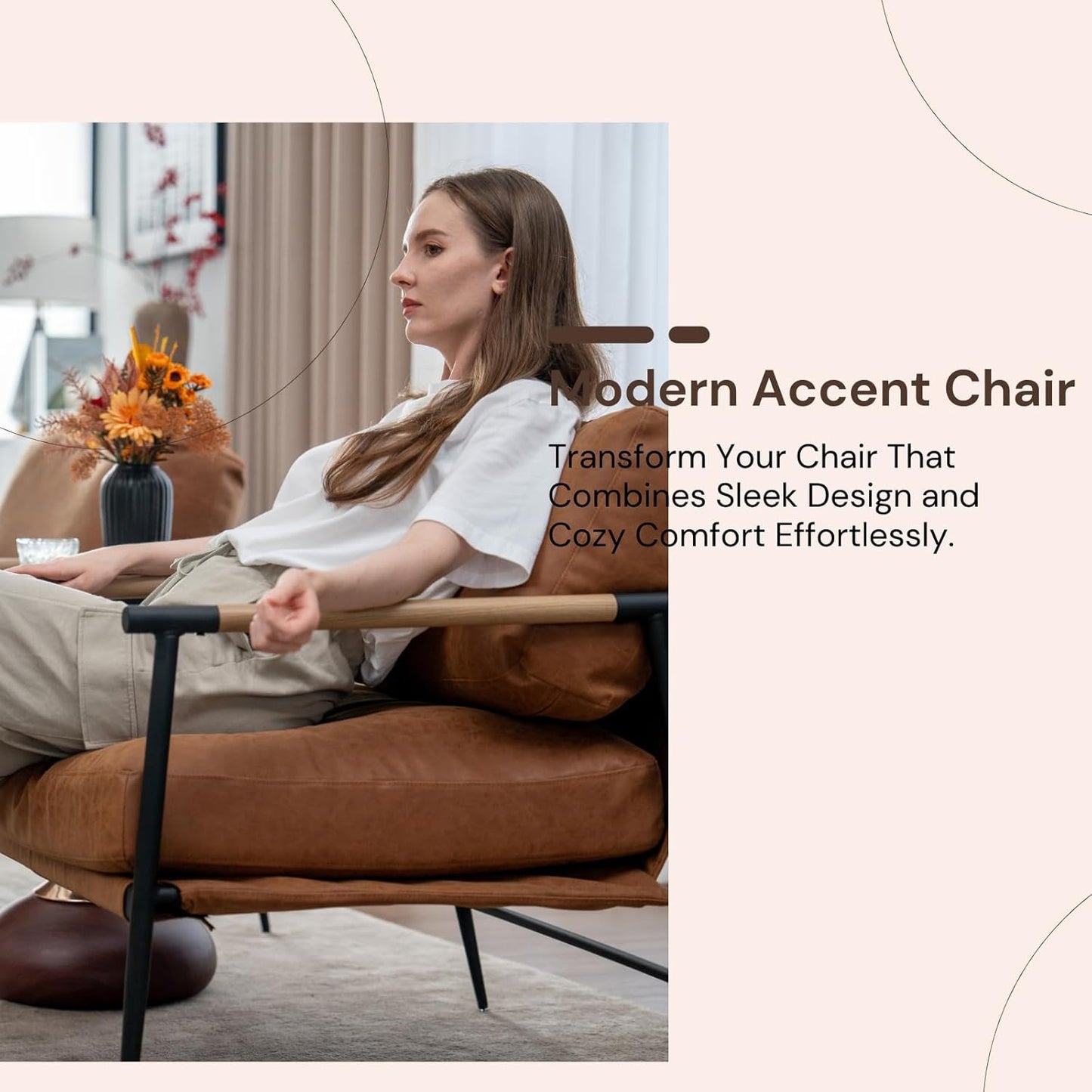 Mid-Century Accent Chair, Soft Armchair PU Leather Lounge Chair with Black Metal Legs, Upholstered Leisure Chair for Living Room Bedroom Reception Room, 1PC, Brown