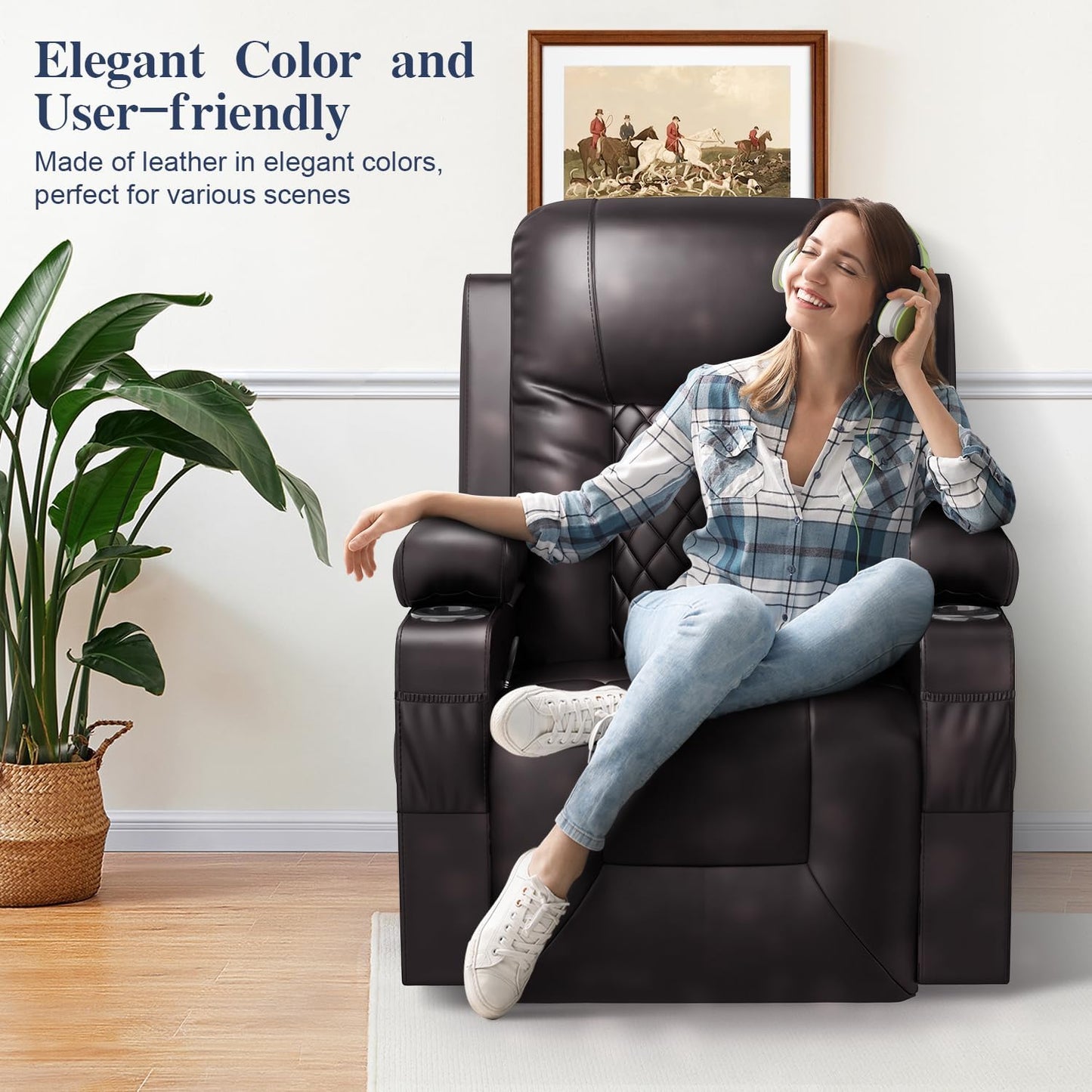 Recliner Chairs for Adults, FSC Certified Massage Rocker with Heated Modern Ergonomic Lounge 360 Degree Swivel Single Sofa Seat Living Room Lounge Recliners Brown