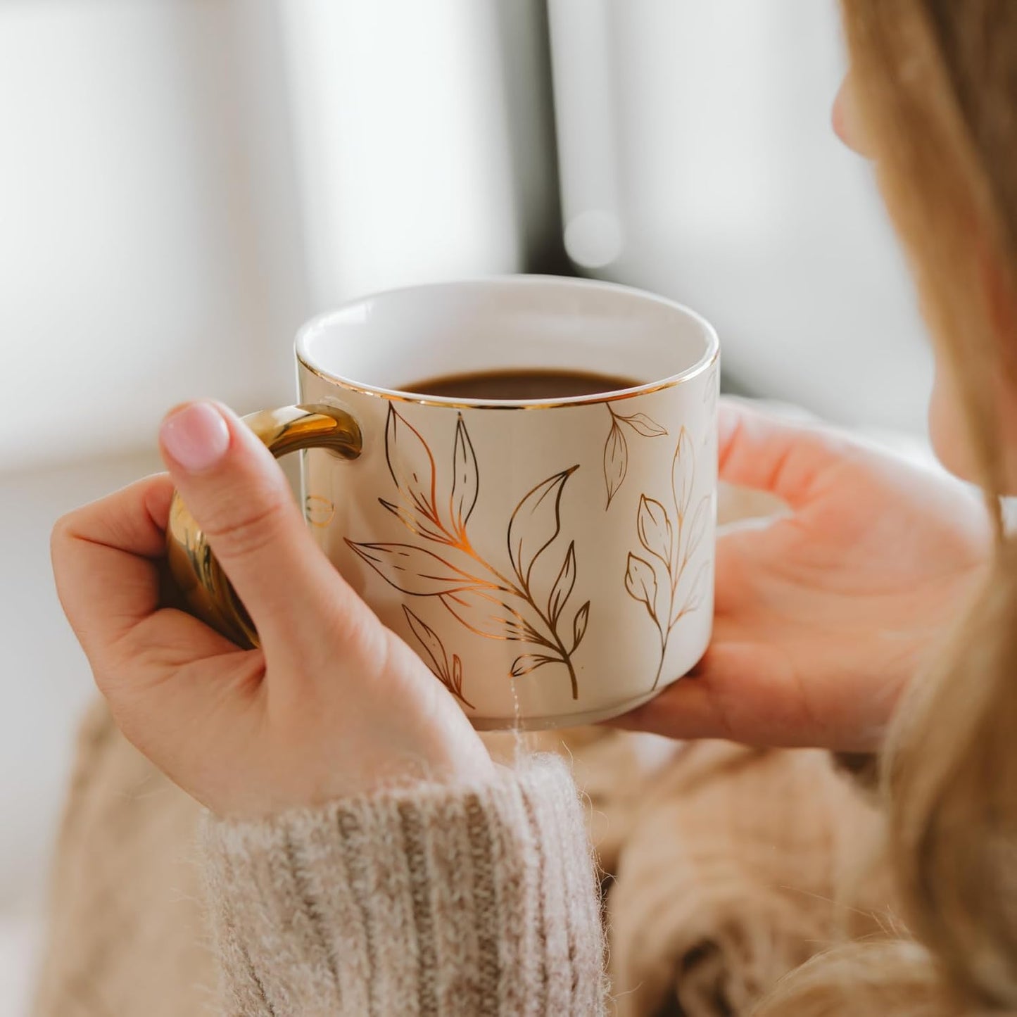 Sweet Water Decor Gold Leaves Mug with Gold Handle, 14oz Fine Bone China Coffee Cup for Tea, Latte, or Hot Cider, Autumn Leaf Drinkware, Fall Decorations for Kitchen, Gift for Mom, Sister & Wife