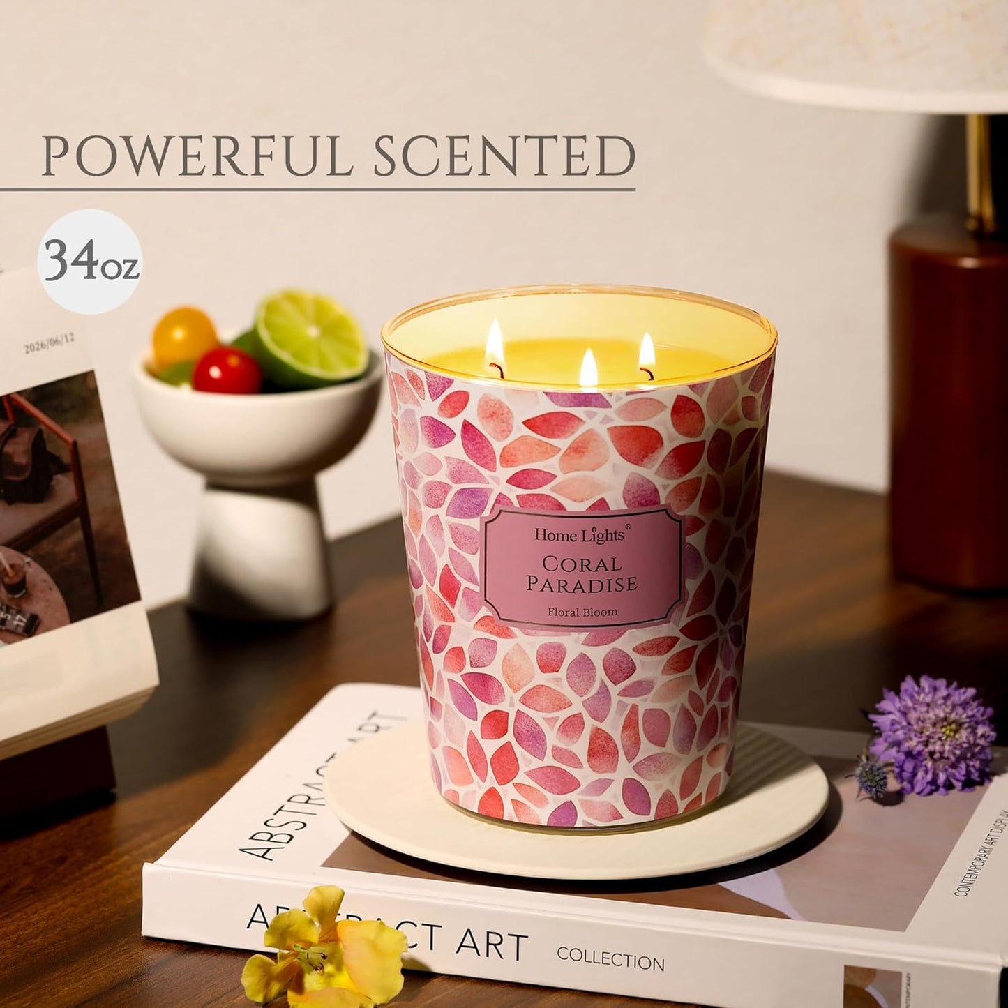 HomeLights Coral Paradise Scented Candles | 34oz Soy Candles Bohemian Natural Textures 3-Wick Large Candle Jars | Ideal Candle Gifts for Events, Home Decor Stress, Relief & Relaxation