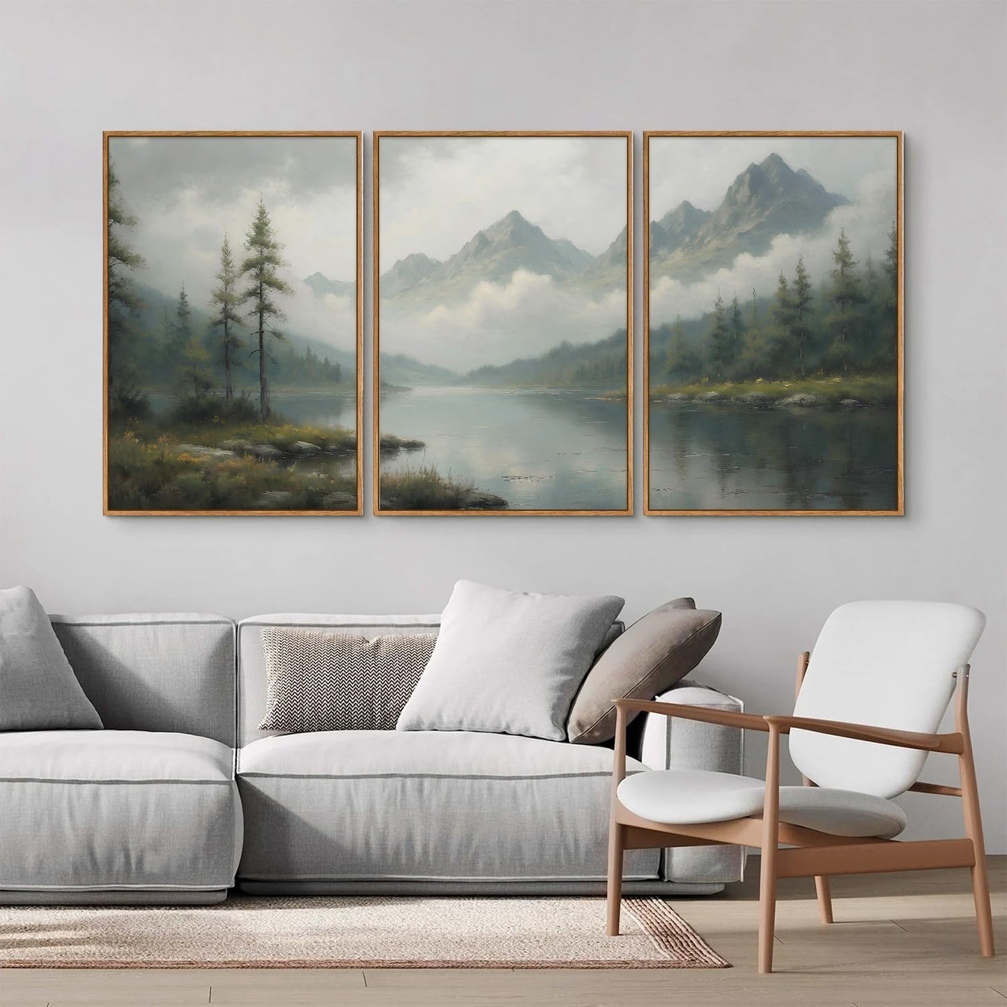 SIGNINART Large Green Forest Framed Canvas Wall Art Set, Misty Mountain Lake Scenery Wall Decor, Modern Foggy Wood Landscape Artwork, Oil Printing Style Nature Art Print for Living Room, Bedroom, Office 16 x24 x3