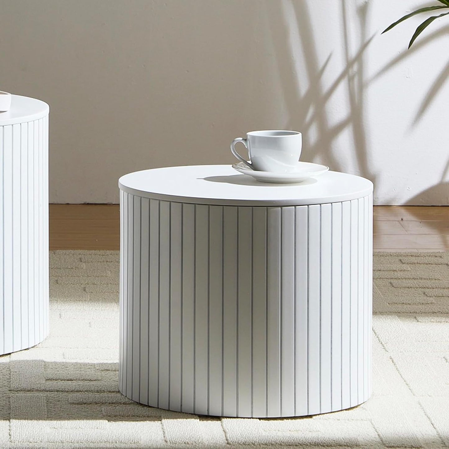 Nesting Cofee Tables Set of 2 with Storage, Modern Round Wooden Coffee Table Circle Side Tables Accent Walnut Table for Living Room, Small Spaces, Bedroom,Balcony, Office(19.17" White)