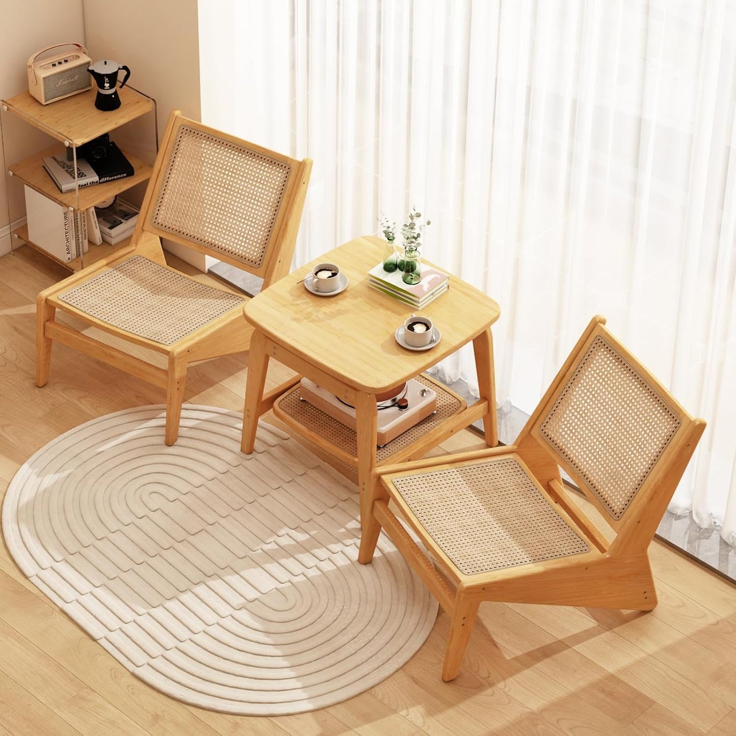 Rattan Chair 2Pcs, Mid Century Modern Accent Chair, Leisurely Reading Chair for Living Room（Wood）