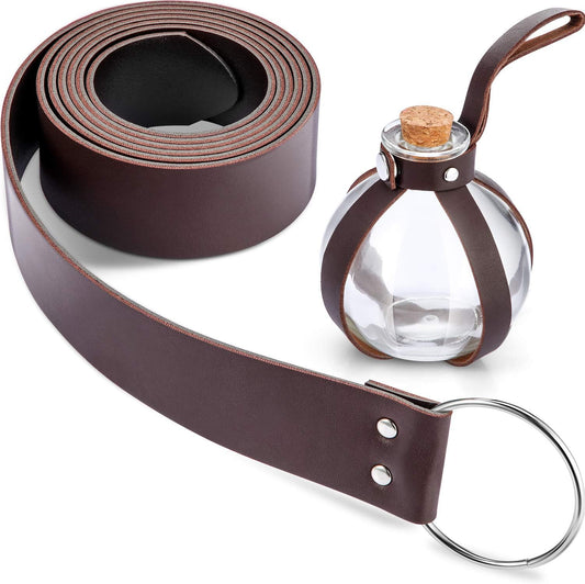 Boao Potion Bottles with Cork Set Dark Magic Cork Round Potion Bottle with Leather Belt Clear Glass Large for Halloween Costume Props DIY Crafts Decorative, 200 ml(Brown)